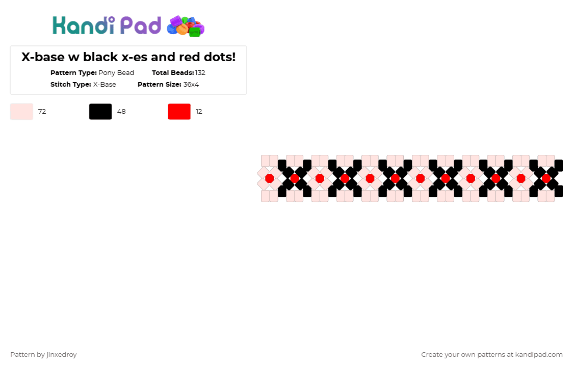 X-base w black x-es and red dots! - Pony Bead Pattern by beadedroy on Kandi Pad - white,emo,scene,kandi,xbase,xcuff,simple,easy,multicolor