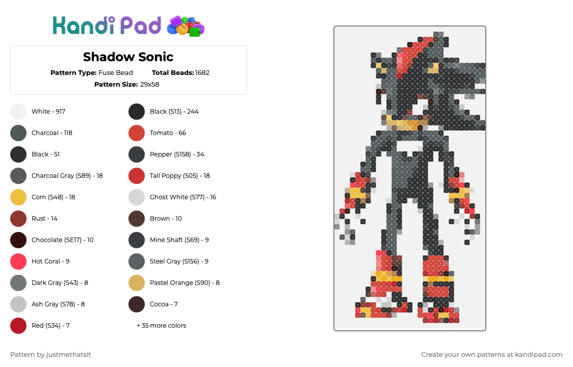 Shadow Sonic - Fuse Bead Pattern by justmethatsit on Kandi Pad - white,gray,red,pink