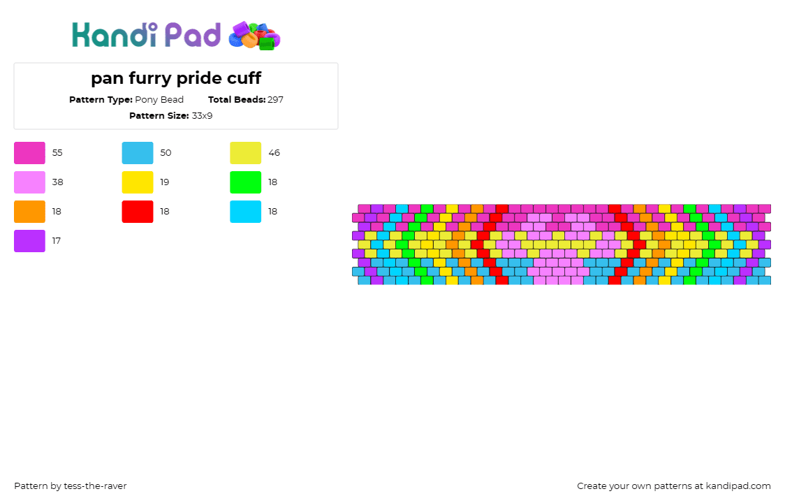 pan furry pride cuff - Pony Bead Pattern by tess-the-raver on Kandi Pad - furry,pansexual,pride,lgbtqia,colorful,cuff,bracelet,expressive,inclusive,easy,b