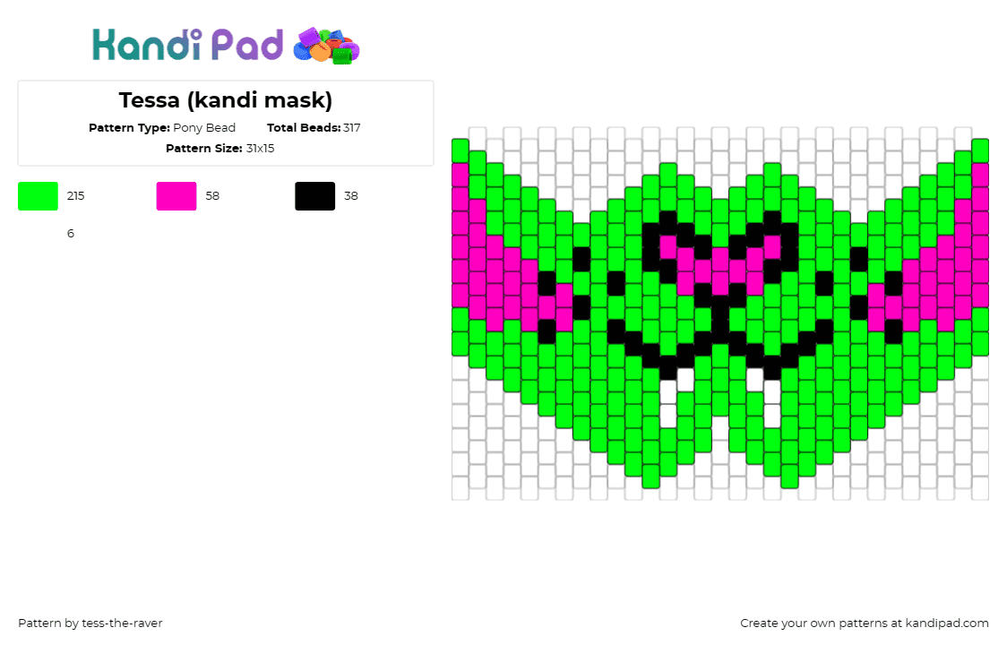 Tessa (kandi mask) - Pony Bead Pattern by tess-the-raver on Kandi Pad - furry,mask,animal,energetic,lively,vibrant,green,attire