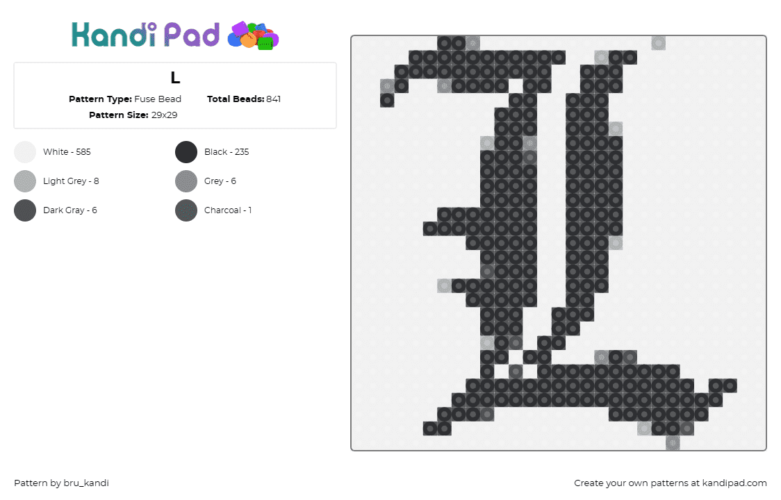 L - Fuse Bead Pattern by bru_kandi on Kandi Pad - text,alphabet,l,simple,ornate,black