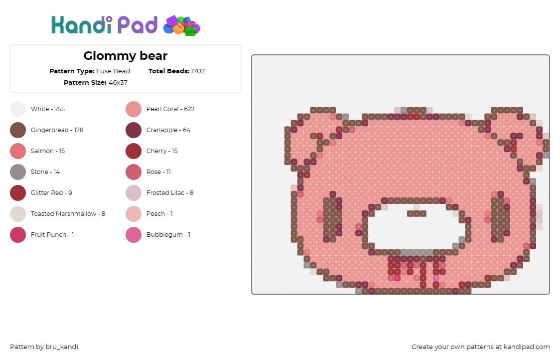 Glommy bear - Fuse Bead Pattern by bru_kandi on Kandi Pad - gloomy bear,teddy,spooky,pink,accent,playful,eerie