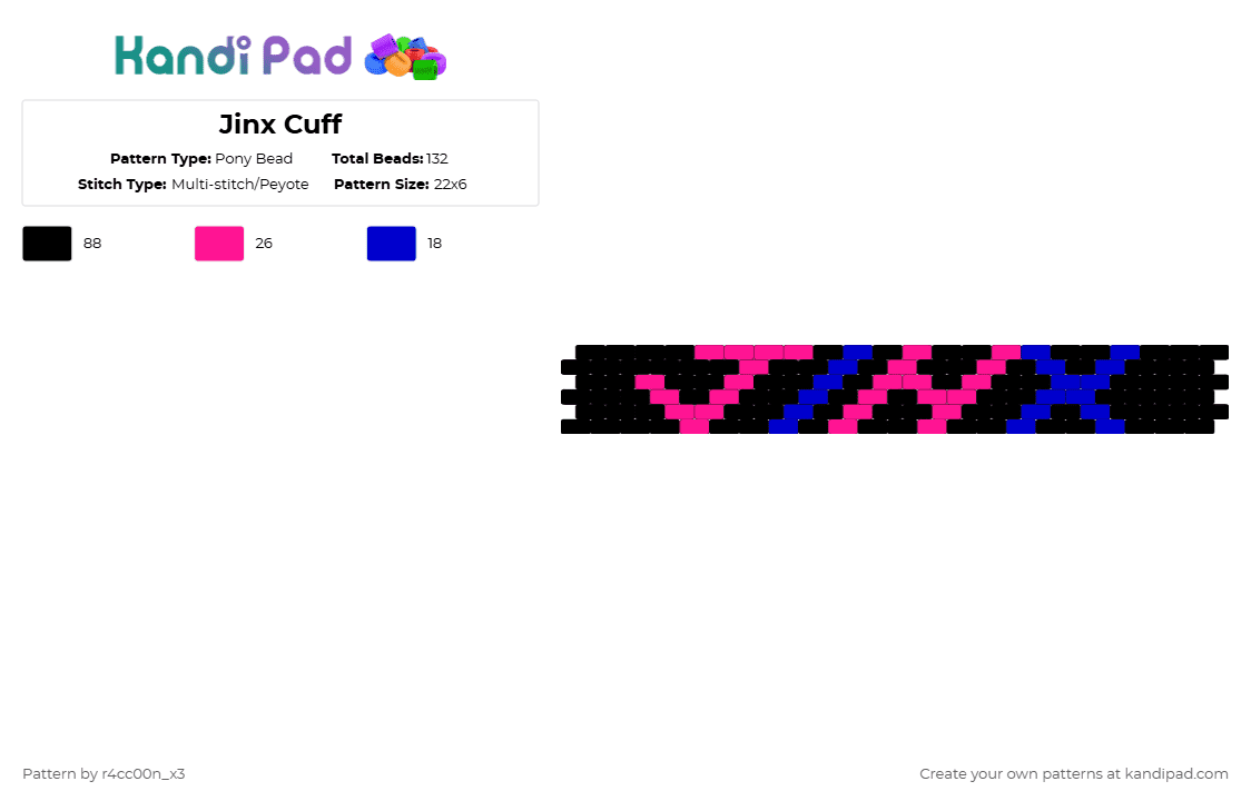 Jinx Cuff - Pony Bead Pattern by r4cc00n_x3 on Kandi Pad - black,pink,purple,arcane