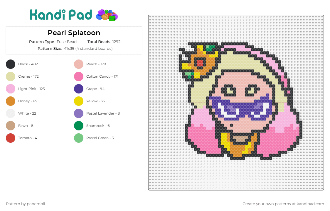 Pearl Splatoon - Fuse Bead Pattern by paperdoll on Kandi Pad - pearl,splatoon,nintendo,videogame,crown,pink