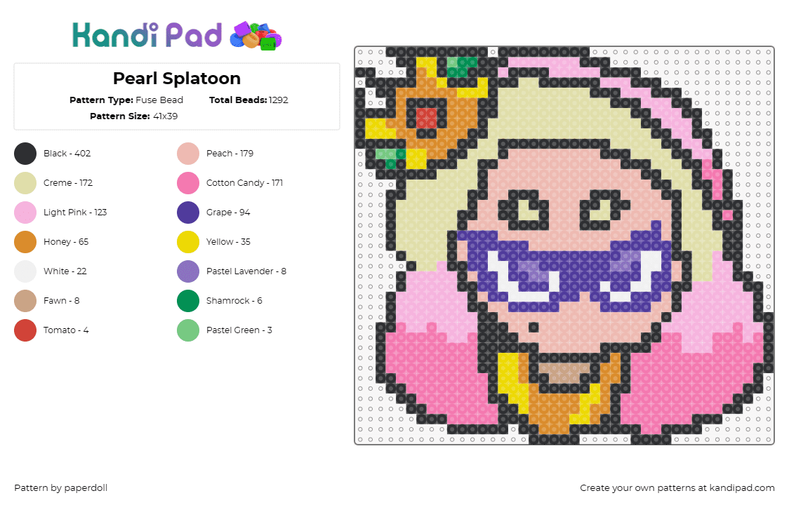 Pearl Splatoon - Fuse Bead Pattern by paperdoll on Kandi Pad - pearl,splatoon,nintendo,videogame,crown,pink