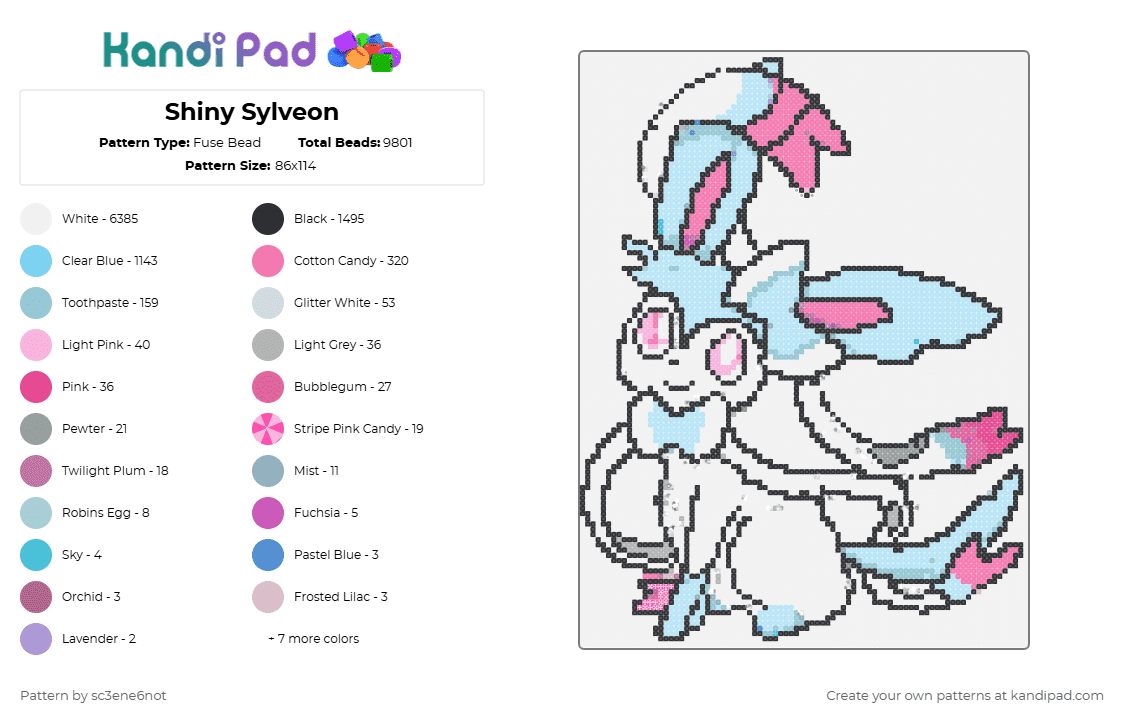 Shiny Sylveon - Fuse Bead Pattern by sc3ene6not on Kandi Pad - white,light blue,pink