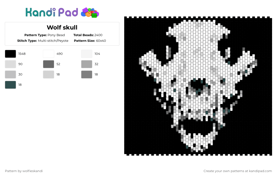 Wolf skull - Pony Bead Pattern by wolfieskandi on Kandi Pad - black,white,beige,gray