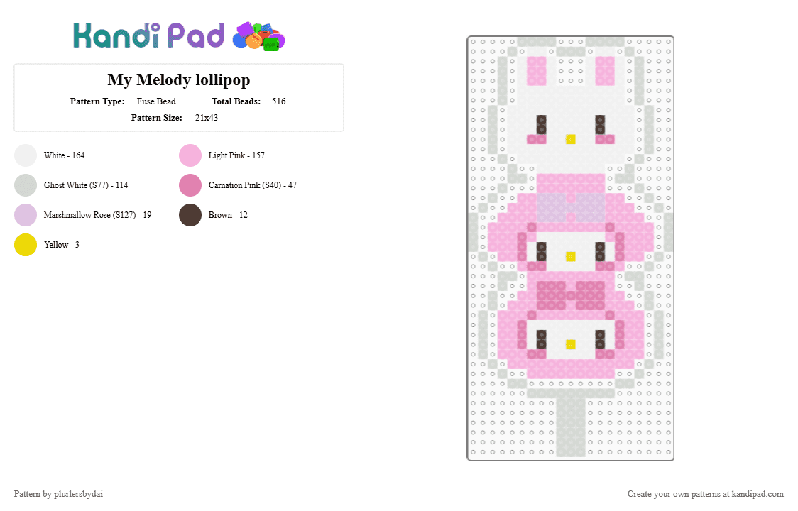 My Melody lollipop - Fuse Bead Pattern by plurlersbydai on Kandi Pad - white,pink
