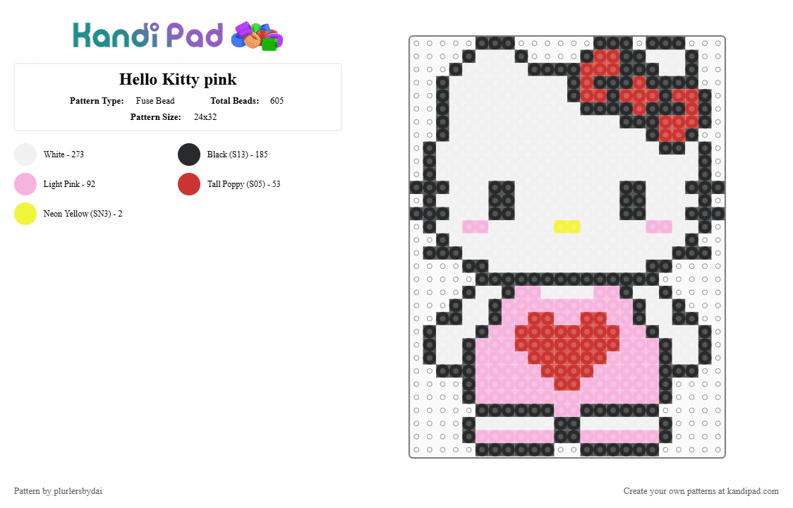 Hello Kitty pink - Fuse Bead Pattern by plurlersbydai on Kandi Pad - white,pink,red