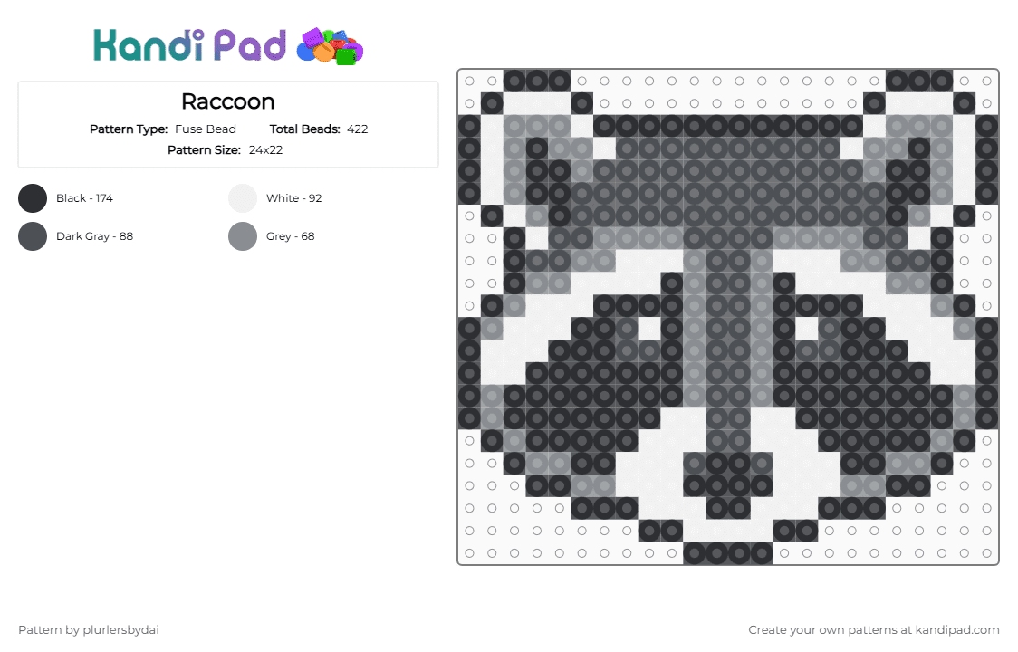 Raccoon - Fuse Bead Pattern by plurlersbydai on Kandi Pad - gray,white
