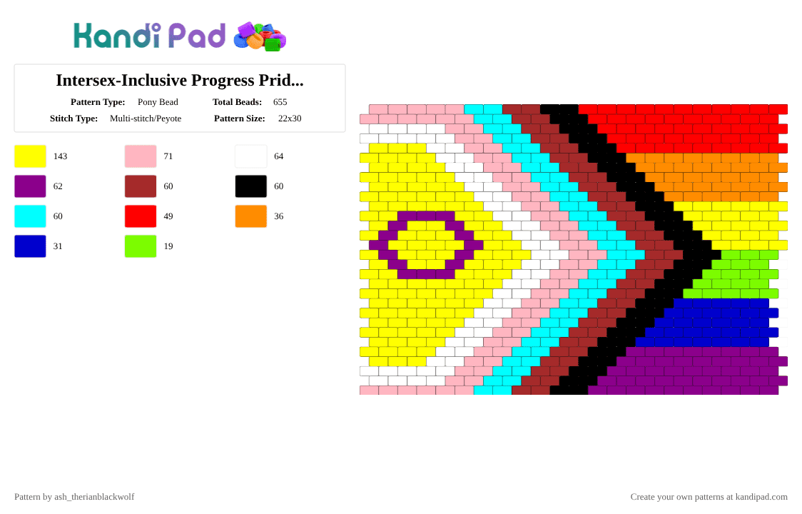 Intersex-Inclusive Progress Pride Flag cuff - Pony Bead Pattern by ash_therianblackwolf on Kandi Pad - yellow,pink,red