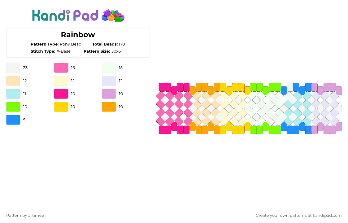 Rainbow - Pony Bead Pattern by artimee on Kandi Pad - rainbow,pastel,xbase,cuff,neon,colorful,pink,light blue,yellow