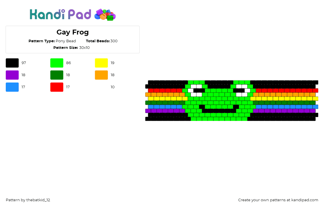 Gay Frog - Pony Bead Pattern by thebatkid_12 on Kandi Pad - rainbow,frog,animal,cuff,diversity,love,cheerful,joyful,inclusivity,green,multic