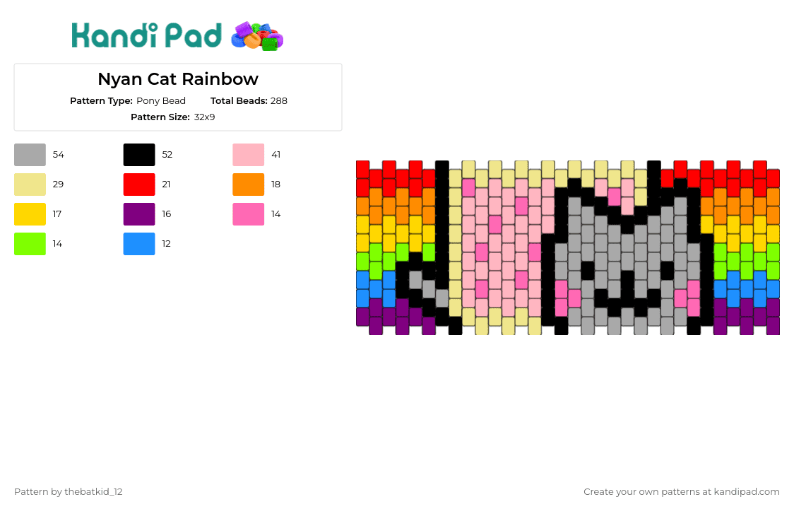 Nyan Cat Rainbow - Pony Bead Pattern by thebatkid_12 on Kandi Pad - nyan cat,pop tart,meme,rainbow,cuff,whimsy,nostalgia,viral,pop culture,animated,multicolor