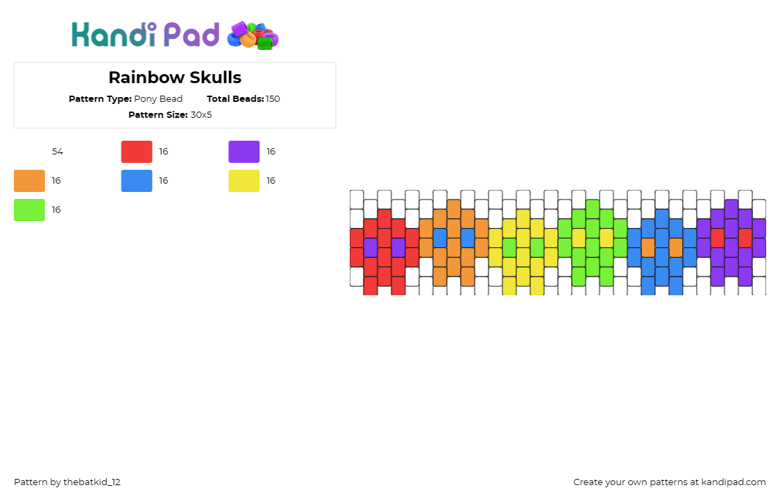 Rainbow Skulls - Pony Bead Pattern by thebatkid_12 on Kandi Pad - skulls,rainbow,cuff,bracelet,vibrant,colorful,playful,edge,motif