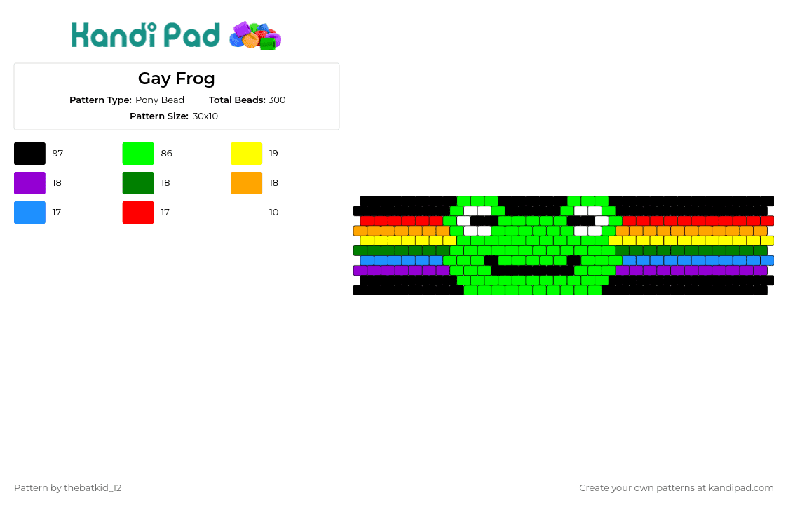 Gay Frog - Pony Bead Pattern by thebatkid_12 on Kandi Pad - rainbow,frog,animal,cuff,diversity,love,cheerful,joyful,inclusivity,green,multicolored