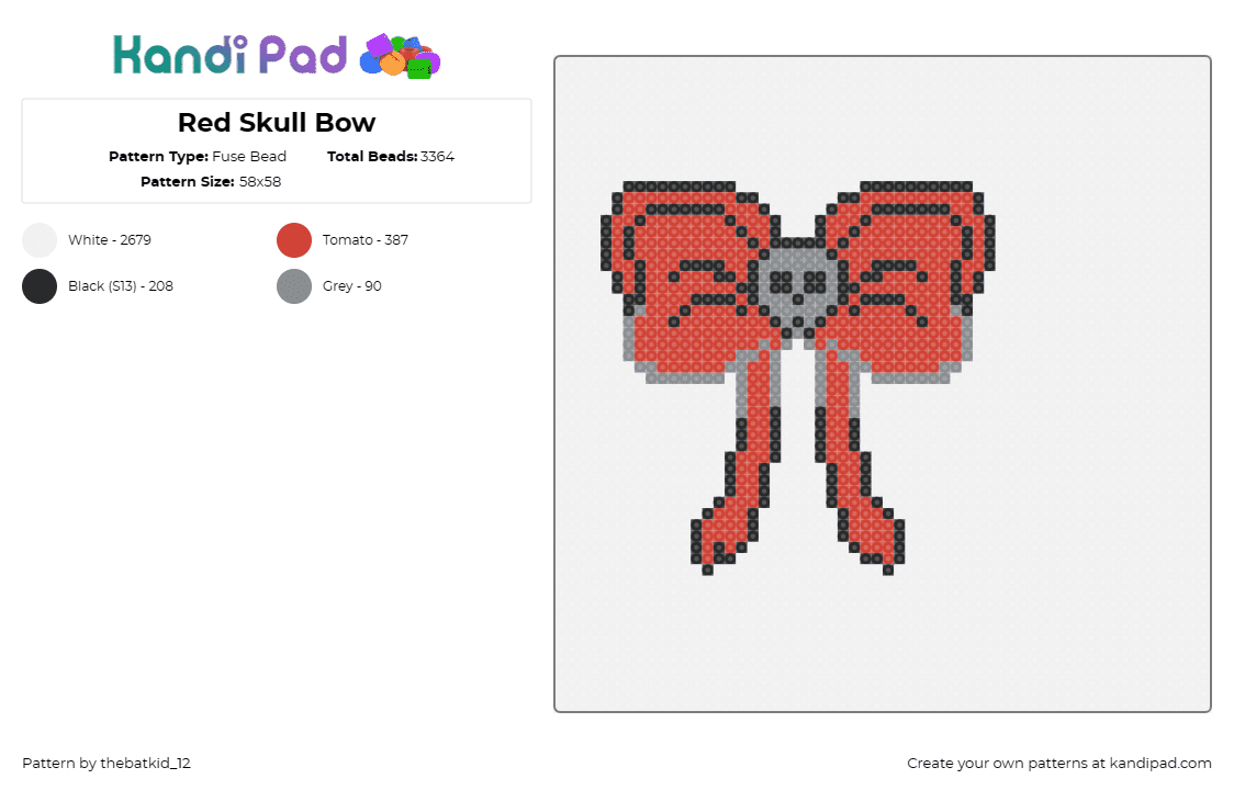 Red Skull Bow - Fuse Bead Pattern by thebatkid_12 on Kandi Pad - bow,skull,gothic,whimsical,edgy,adorable,striking,blending,red