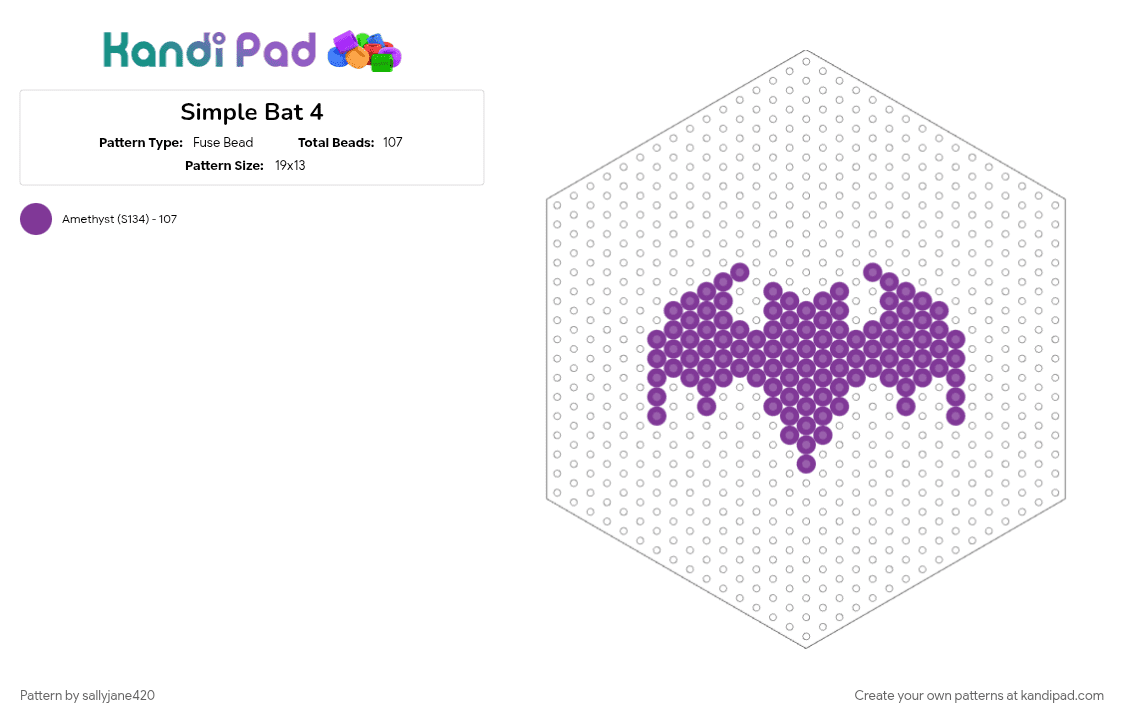 Simple Bat 4 - Fuse Bead Pattern by sallyjane420 on Kandi Pad - animal, bat, halloween, pink, spooky, wings