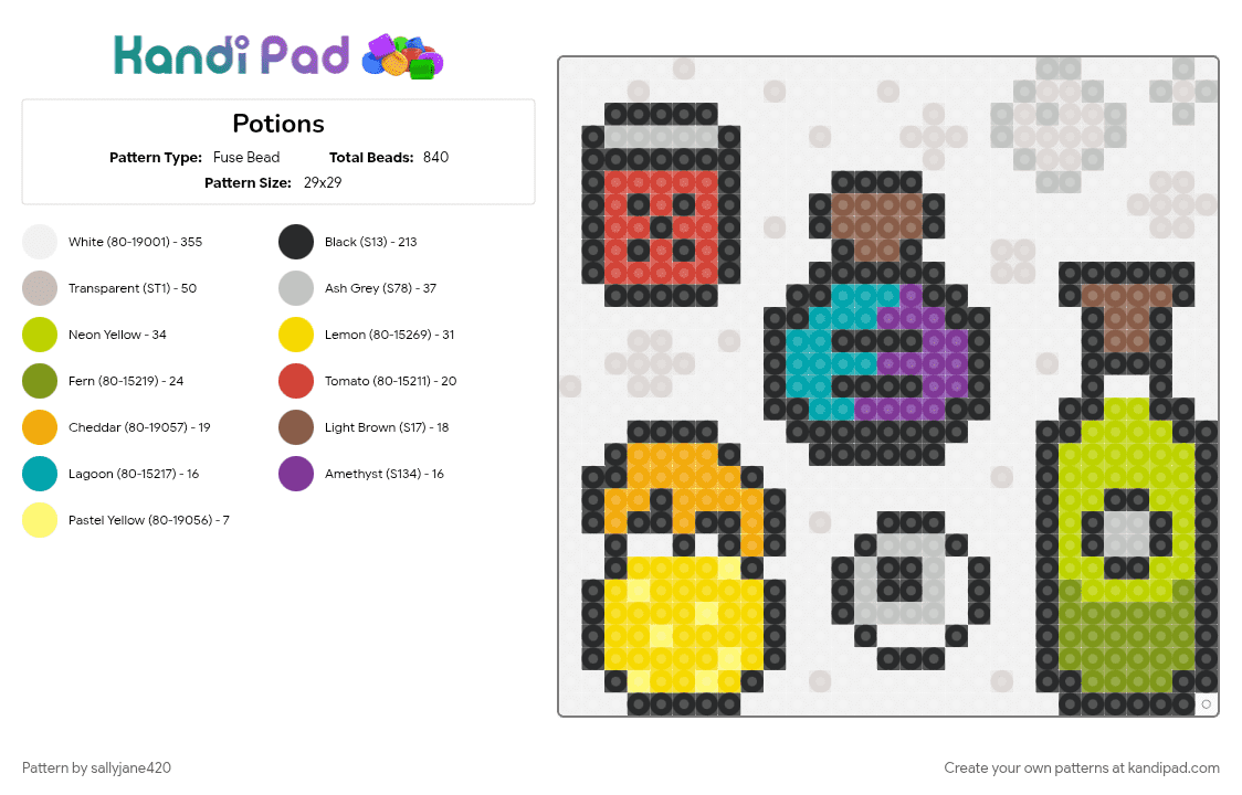 Potions - Fuse Bead Pattern by sallyjane420 on Kandi Pad - beige, bottles, cotdpotions, eyeball, green, halloween, magic, potions, spooky, white, witch, yellow