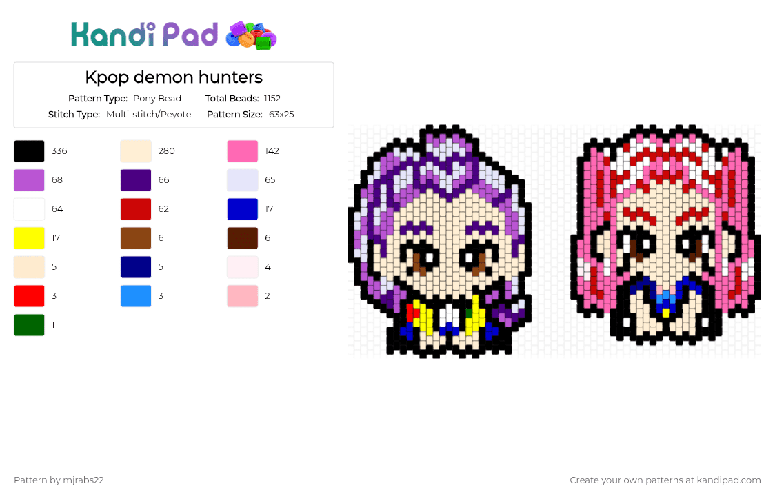 Kpop demon hunters - Pony Bead Pattern by mjrabs22 on Kandi Pad - pink,purple,beige