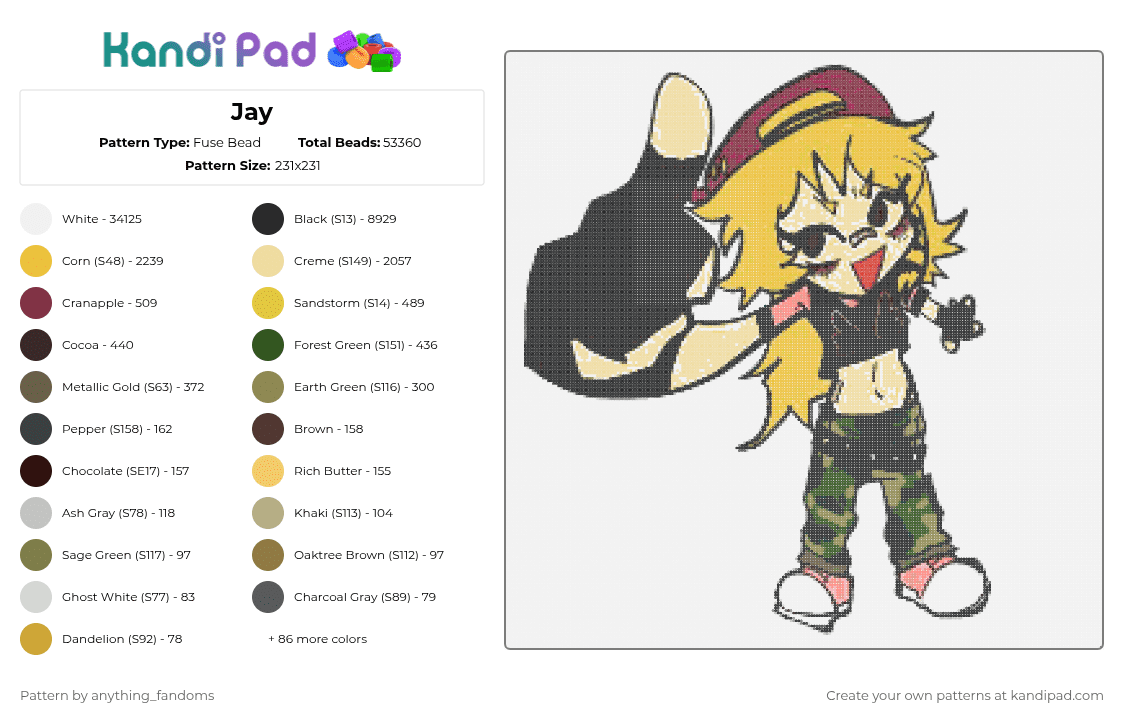 Jay - Fuse Bead Pattern by anything_fandoms on Kandi Pad - white,beige,gold,colorful
