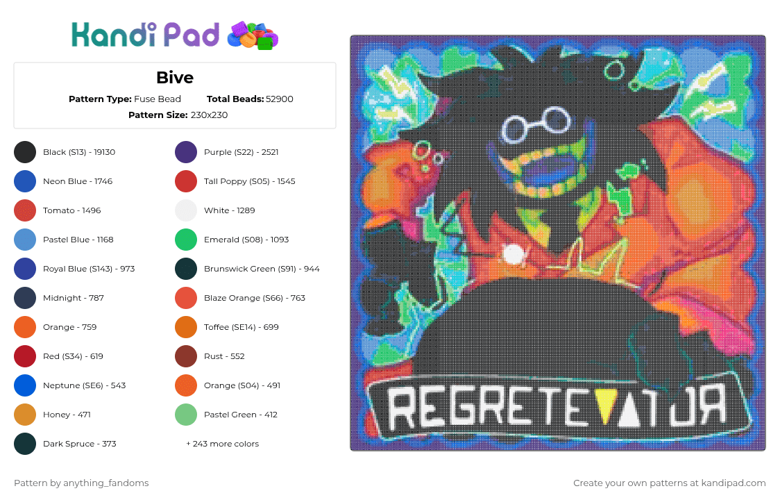 Bive - Fuse Bead Pattern by anything_fandoms on Kandi Pad - black,purple,light blue,green,orange,colorful