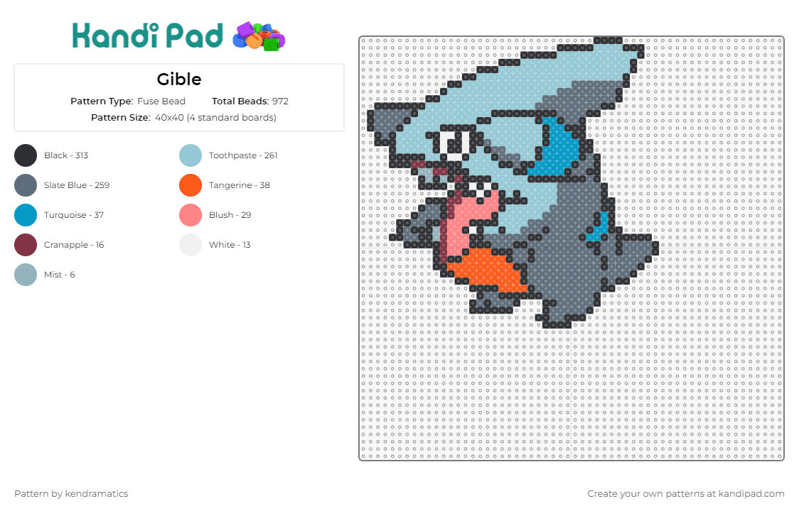 Gible - Fuse Bead Pattern by kendramatics on Kandi Pad - gible,pokemon,gabite,garchomp,playful,charming,fans,collection,evolutionary,blue