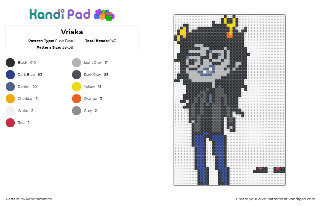 Vriska - Fuse Bead Pattern by kendramatics on Kandi Pad - vriska serket,homestuck,detailed,character,fantasy