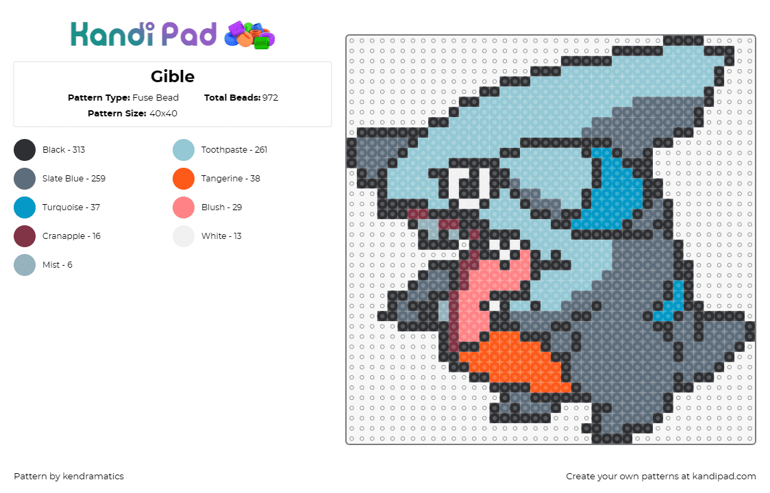 Gible - Fuse Bead Pattern by kendramatics on Kandi Pad - gible,pokemon,gabite,garchomp,playful,evolutionary,blue