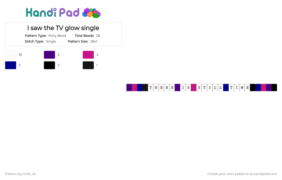 I saw the TV glow single - Pony Bead Pattern by mil0_x3 on Kandi Pad - white,purple,pink