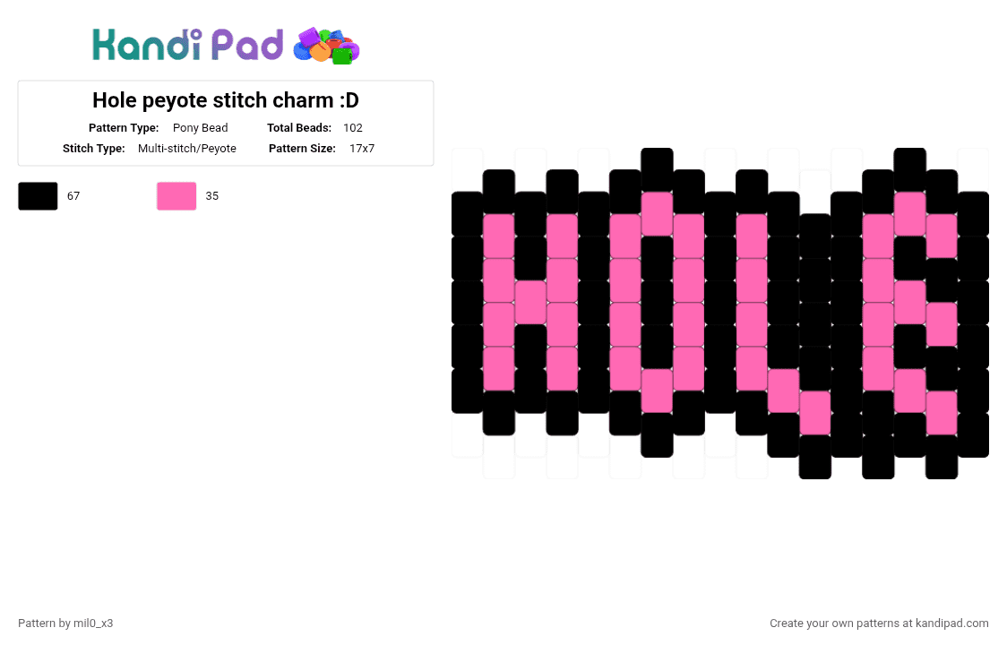 Hole peyote stitch charm :D - Pony Bead Pattern by mil0_x3 on Kandi Pad - black, pink