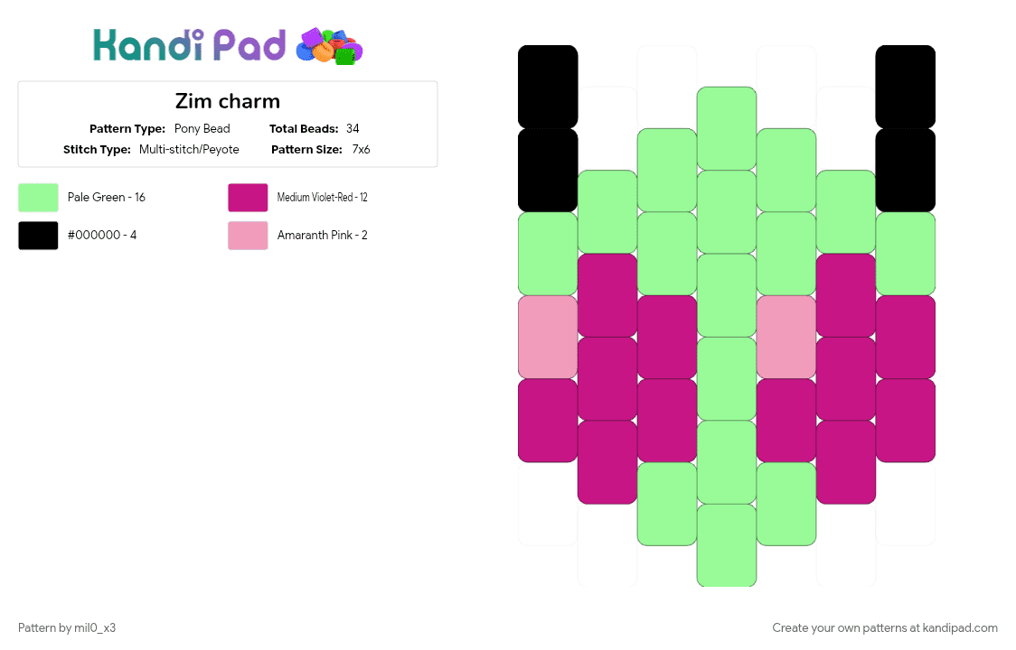 Zim charm - Pony Bead Pattern by mil0_x3 on Kandi Pad - pink, teal
