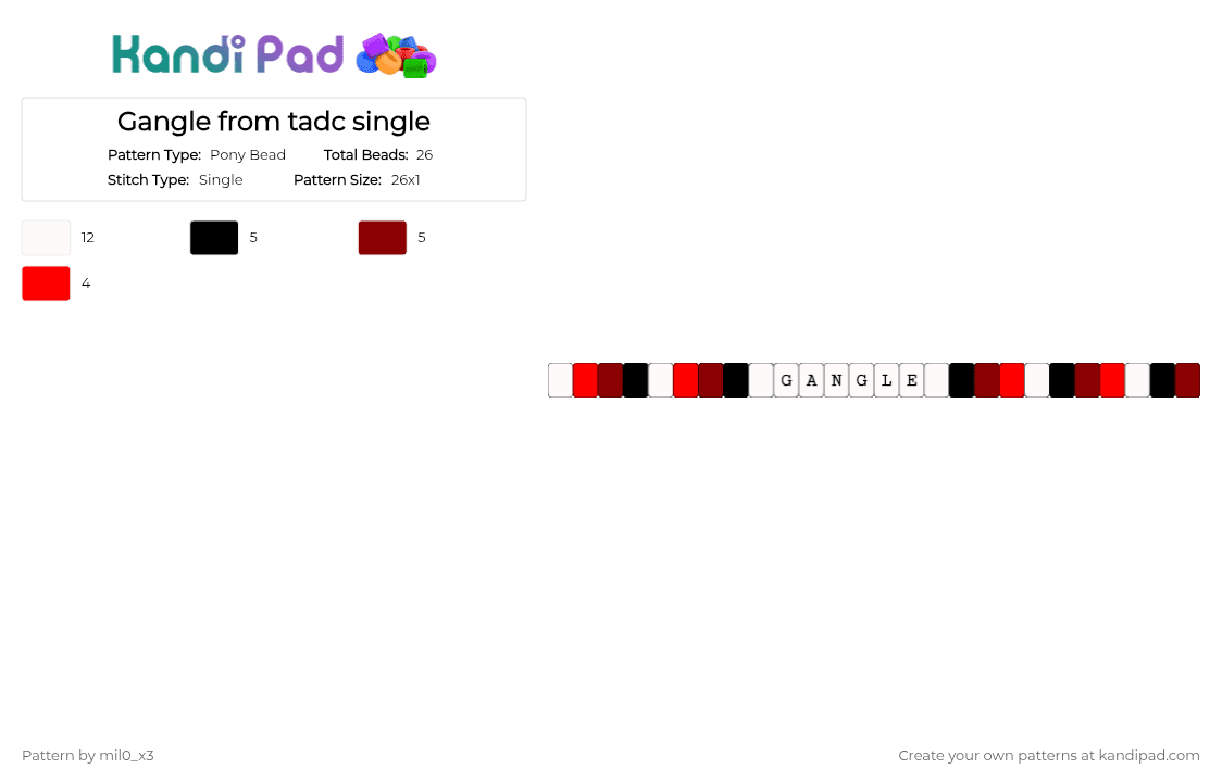 Gangle from tadc single - Pony Bead Pattern by mil0_x3 on Kandi Pad - white,red