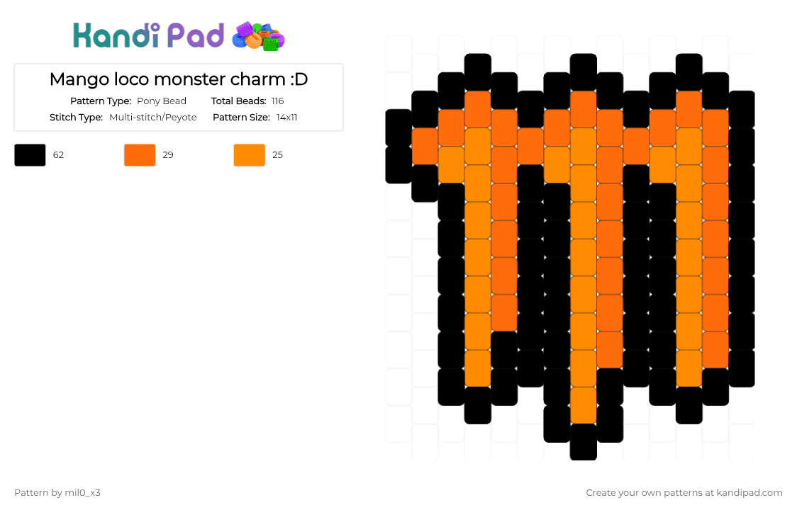 Mango loco monster charm :D - Pony Bead Pattern by mil0_x3 on Kandi Pad - black,orange