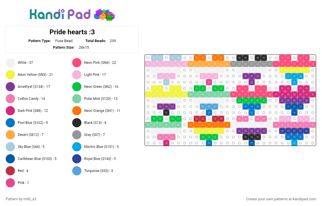 Pride hearts :3 - Fuse Bead Pattern by mil0_x3 on Kandi Pad - orange, pink, red, yellow