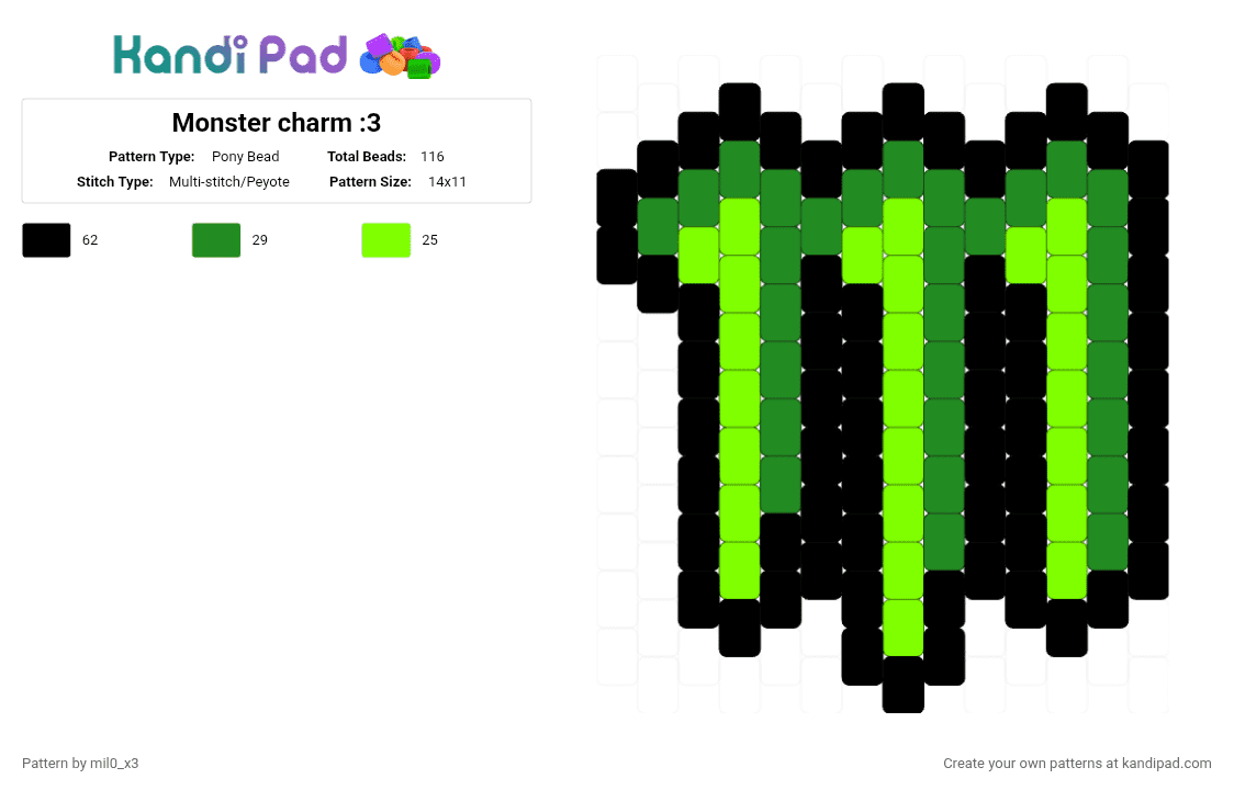 Monster charm :3 - Pony Bead Pattern by mil0_x3 on Kandi Pad - black,green
