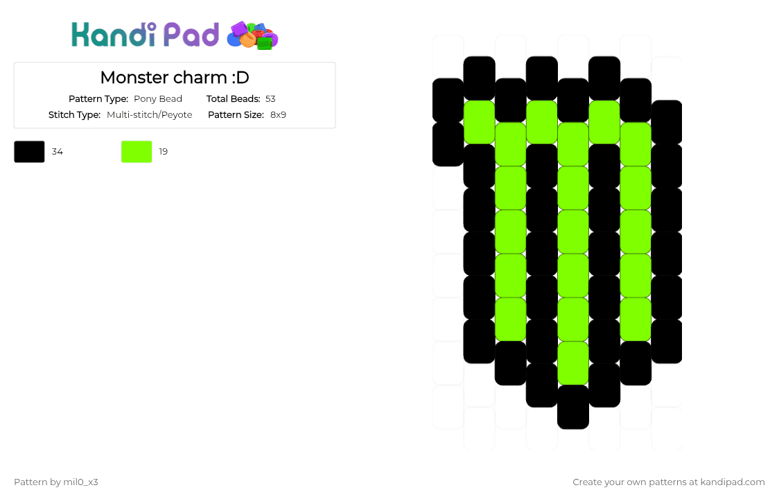Monster charm :D - Pony Bead Pattern by mil0_x3 on Kandi Pad - black,green