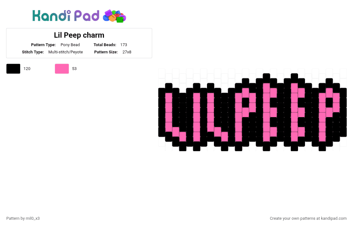Lil Peep charm - Pony Bead Pattern by mil0_x3 on Kandi Pad - black,pink