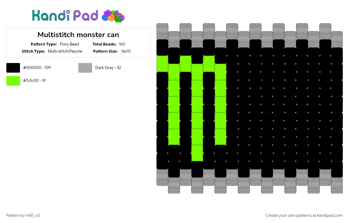 Multistitch monster can - Pony Bead Pattern by mil0_x3 on Kandi Pad - black, green, white