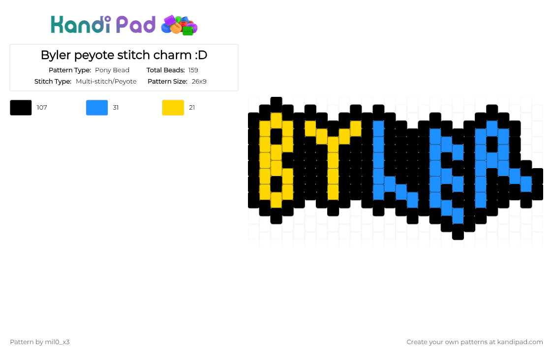 Byler peyote stitch charm :D - Pony Bead Pattern by mil0_x3 on Kandi Pad - black,yellow,light blue