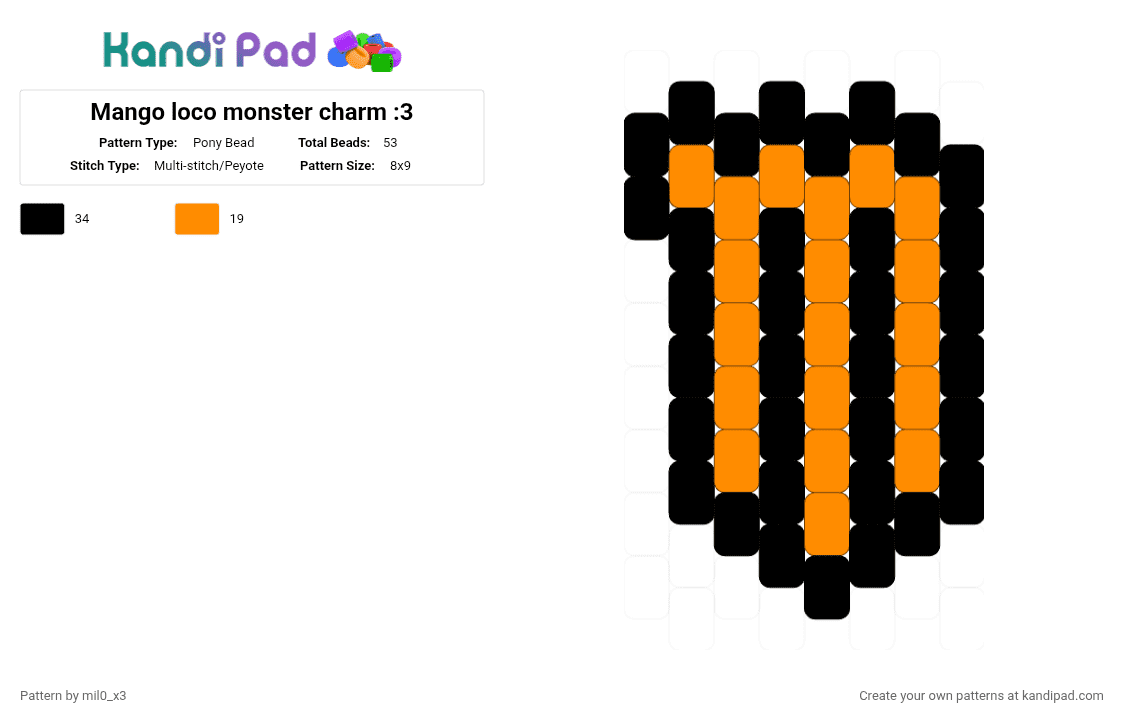 Mango loco monster charm :3 - Pony Bead Pattern by mil0_x3 on Kandi Pad - black,orange