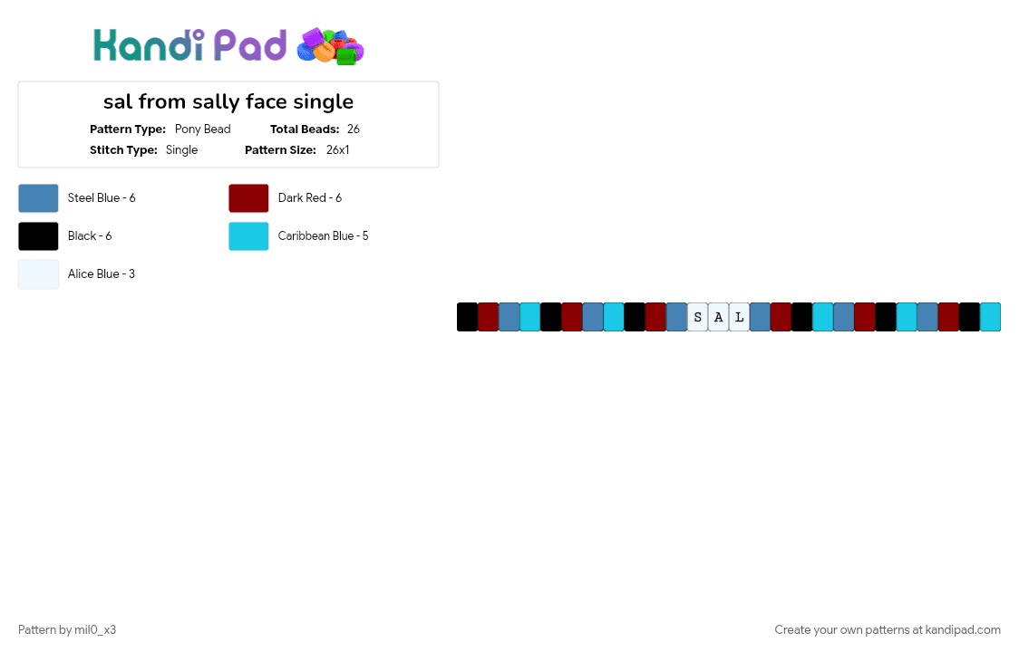 sal from sally face single - Pony Bead Pattern by mil0_x3 on Kandi Pad - blue, red