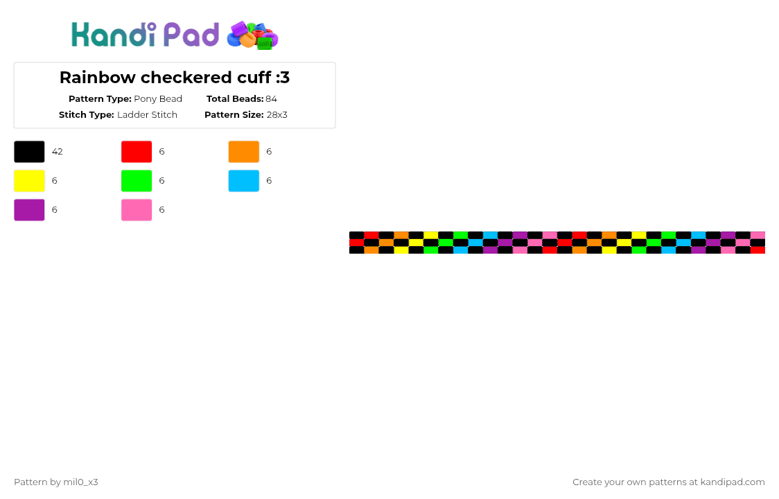 Rainbow checkered cuff :3 - Pony Bead Pattern by mil0_x3 on Kandi Pad - black,pink