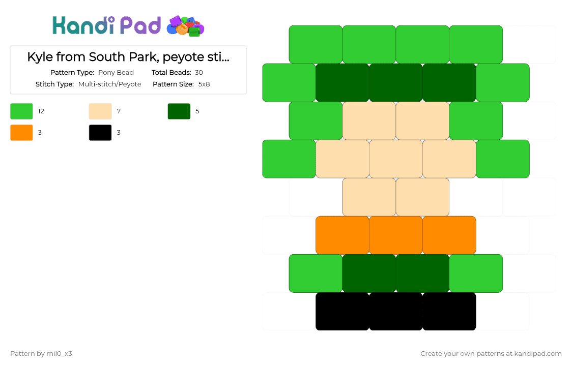 Kyle from South Park, peyote stitch :D - Pony Bead Pattern by mil0_x3 on Kandi Pad - green