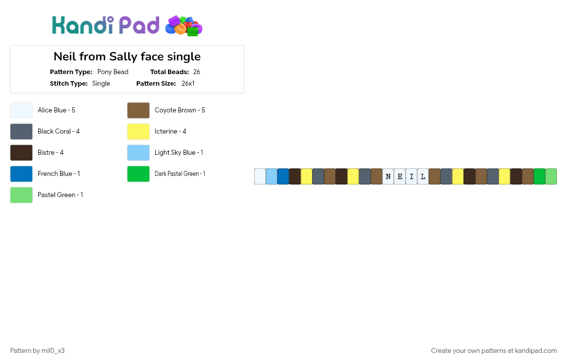 Neil from Sally face single - Pony Bead Pattern by mil0_x3 on Kandi Pad - blue, brown, tan, yellow