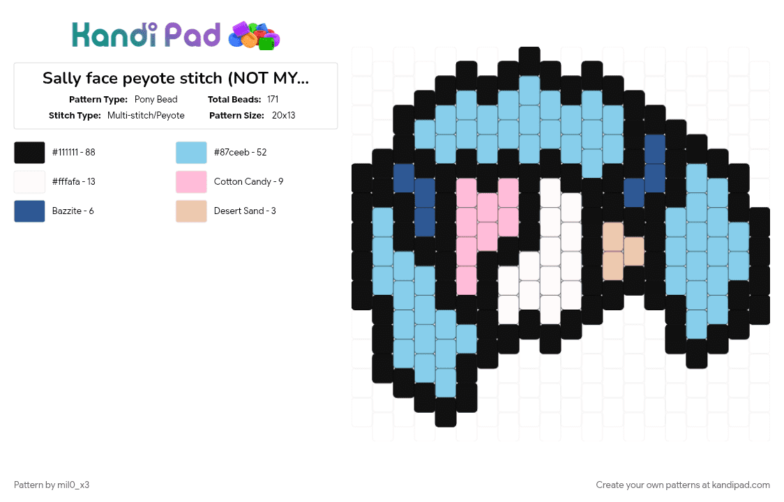 Sally face peyote stitch (NOT MY ORIGINAL PATTERN CREDITS TO CREATOR) - Pony Bead Pattern by mil0_x3 on Kandi Pad - black, light blue