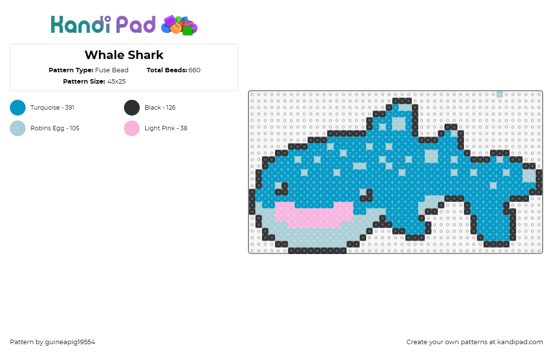 Whale Shark - Fuse Bead Pattern by guineapig19554 on Kandi Pad - whale shark,fish,animal,cute,ocean,blue,majestic,gentle,shark