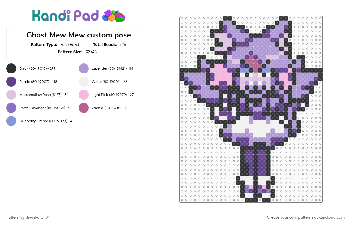 Ghost Mew Mew custom pose - Fuse Bead Pattern by divaskullz_01 on Kandi Pad - deltarune, deltarune chapter 5, pink, purple