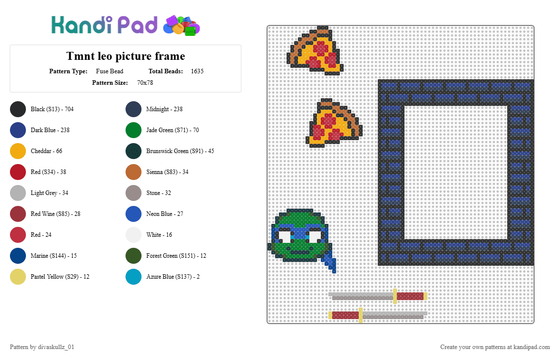 Tmnt leo picture frame - Fuse Bead Pattern by divaskullz_01 on Kandi Pad - black, blue, colorful, green, purple