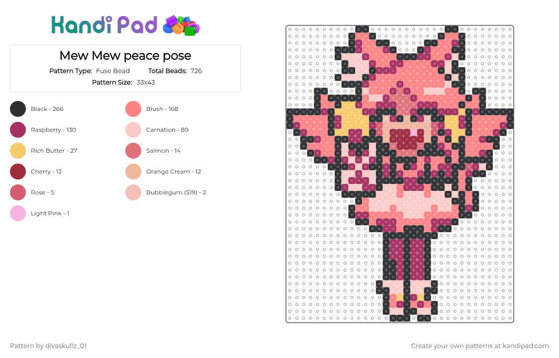 Mew Mew peace pose - Fuse Bead Pattern by divaskullz_01 on Kandi Pad - deltarune, deltarune chapter 5, pink, red